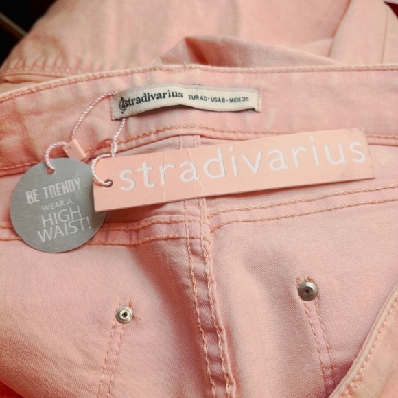 Stradivarius Jeans 5 Pocket Factory Faded Slim Skinny Salmon Pink High Waist - Picture 12 of 16